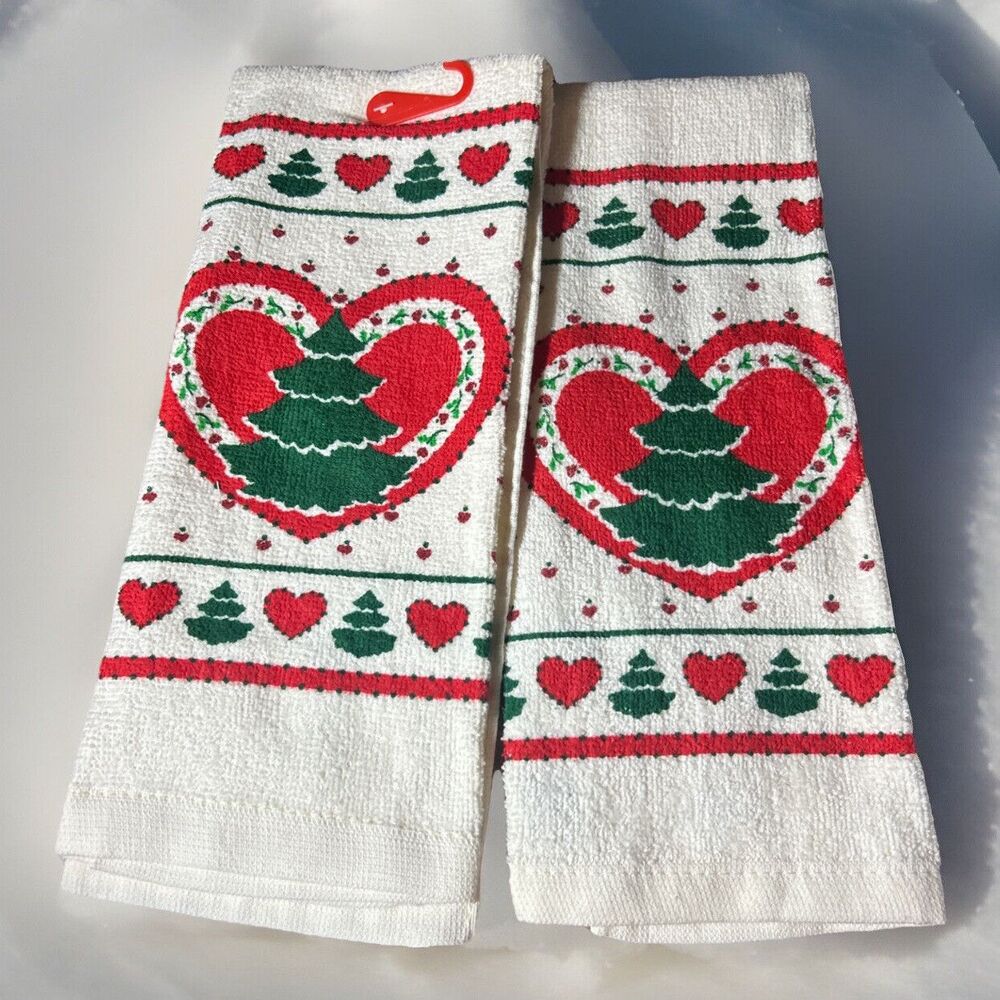 Royal Terry B & D Kitchen Hand Towels Set Of 2 Christmas Tree Hearts Vintage
